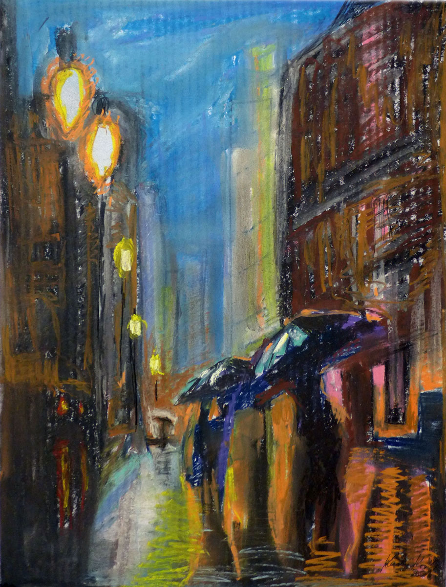 Regen in der Stadt, Pastell auf Karton, 47 x 62 cm